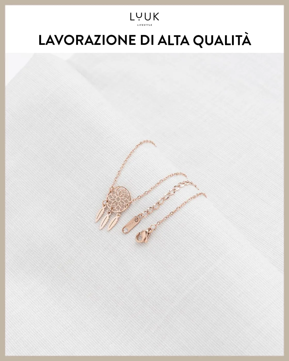 LUUK LIFESTYLE Collana portafortuna con ciondolo acchiappasogni I Dream catcher e dedica HAPPINESS, portafortuna, rosa - immagine 4