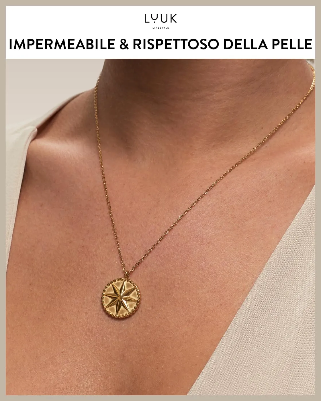 LUUK LIFESTYLE Collana con ciondolo a forma di stella a otto punte e dedica HAPPINESS, acciaio inossidabile, idea compleanno, 50 cm, oro - immagine 3