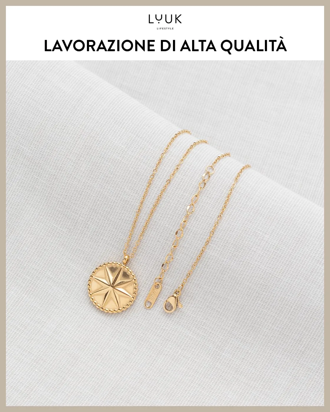 LUUK LIFESTYLE Collana con ciondolo a forma di stella a otto punte e dedica HAPPINESS, acciaio inossidabile, idea compleanno, 50 cm, oro - immagine 4