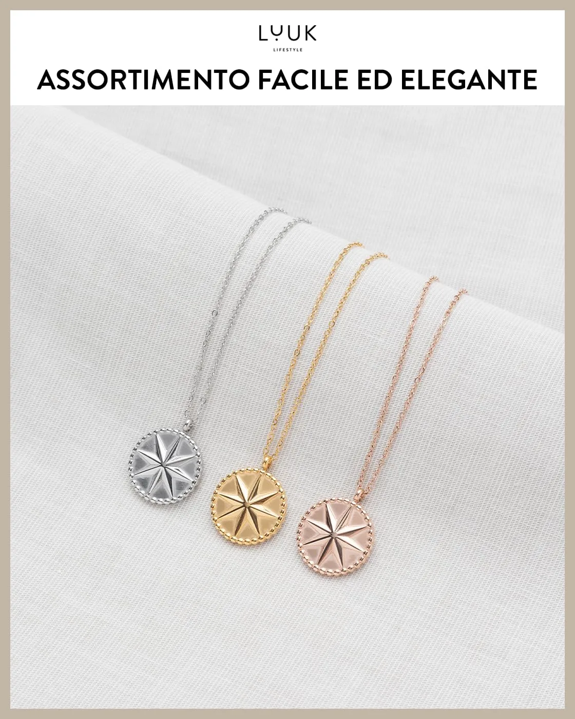 LUUK LIFESTYLE Collana con ciondolo a forma di stella a otto punte e dedica HAPPINESS, acciaio inossidabile, idea compleanno, 50 cm, oro - immagine 5