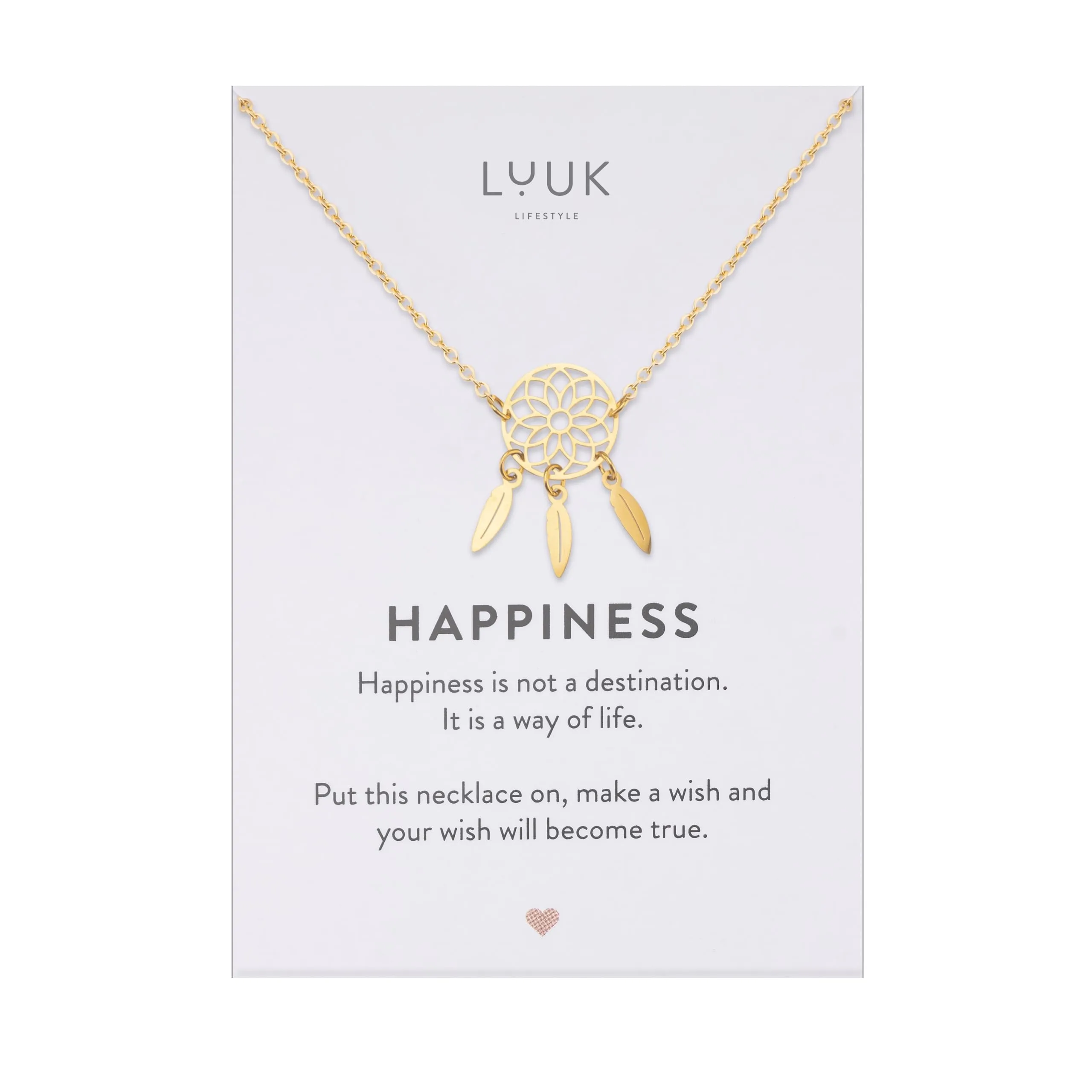LUUK LIFESTYLE Collana in acciaio inossidabile con ciondolo acchiappasogni e piume, dedica HAPPINESS, simbolo protettivo, 50 cm, oro - immagine 1