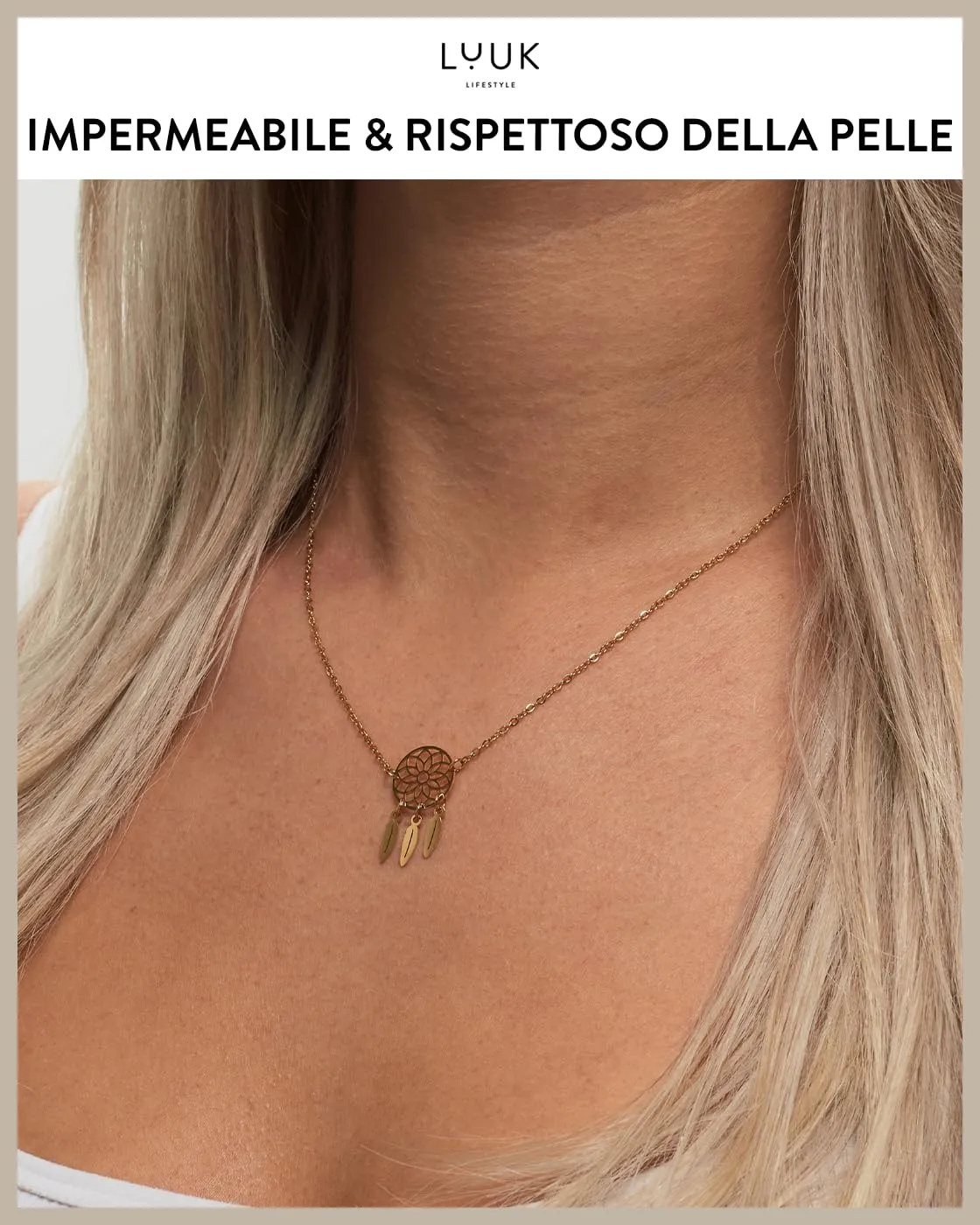 LUUK LIFESTYLE Collana in acciaio inossidabile con ciondolo acchiappasogni e piume, dedica HAPPINESS, simbolo protettivo, 50 cm, oro - immagine 3