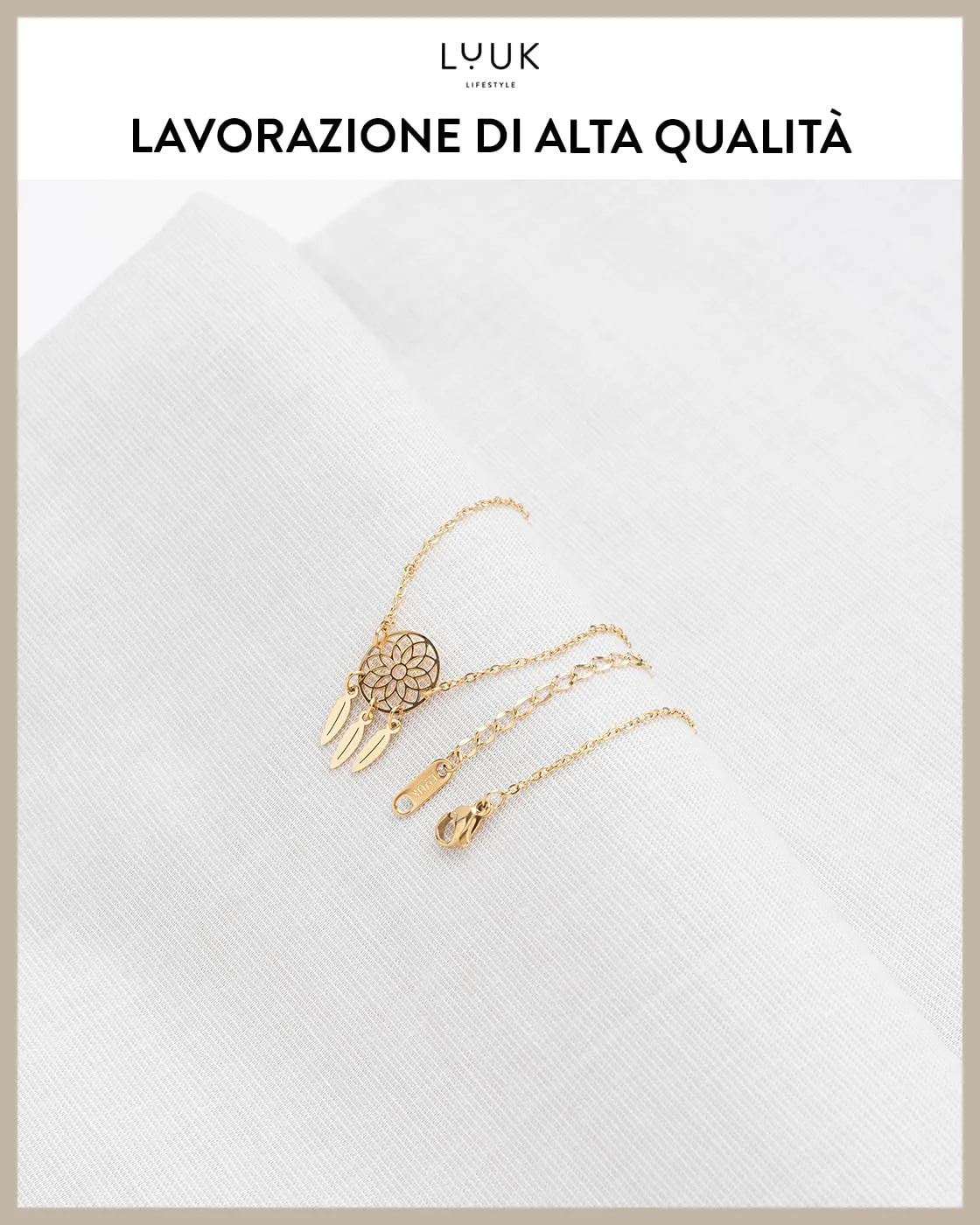 LUUK LIFESTYLE Collana in acciaio inossidabile con ciondolo acchiappasogni e piume, dedica HAPPINESS, simbolo protettivo, 50 cm, oro - immagine 4