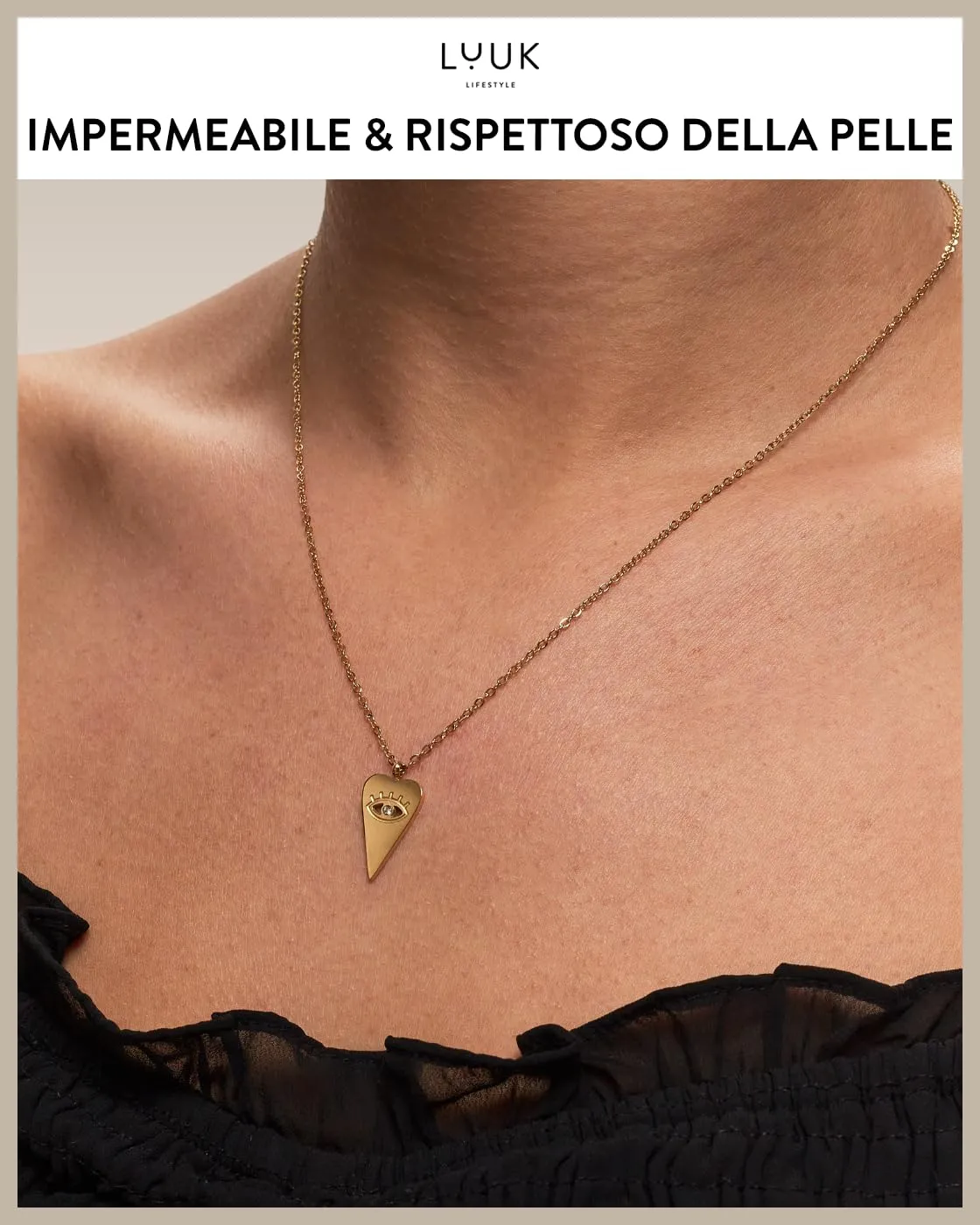 LUUK LIFESTYLE Collana in acciaio inossidabile con ciondolo a forma di cuore e occhio di Nazar, lunghezza regolabile, 50 cm, portafortuna, oro - immagine 3