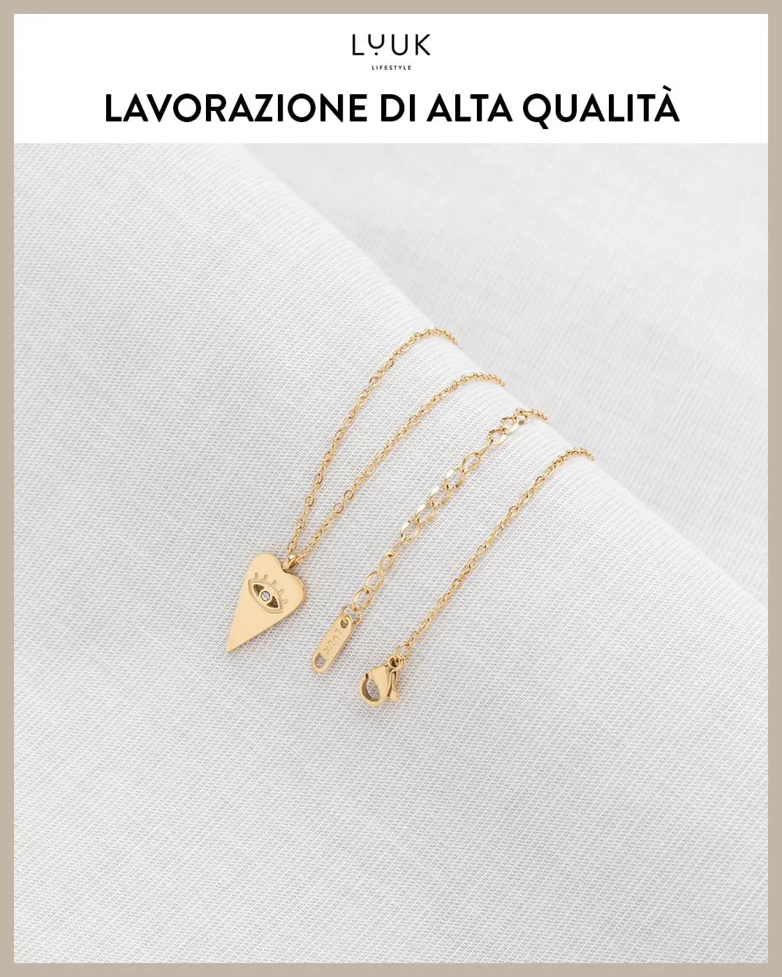 LUUK LIFESTYLE Collana in acciaio inossidabile con ciondolo a forma di cuore e occhio di Nazar, lunghezza regolabile, 50 cm, portafortuna, oro - immagine 4