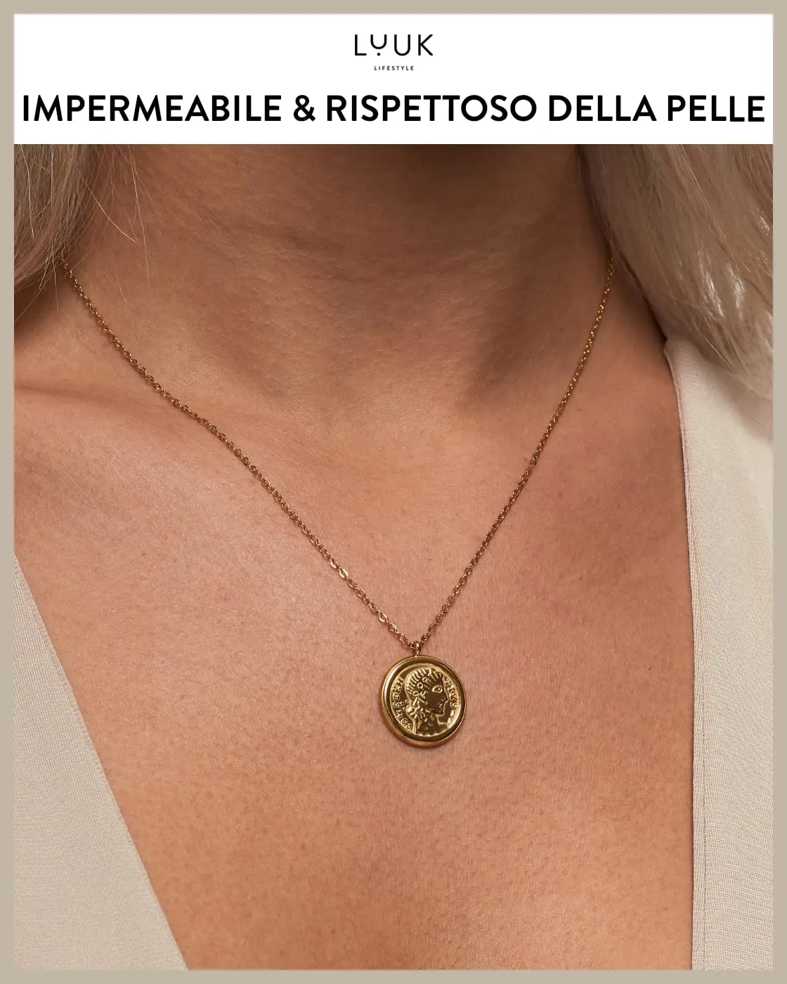 LUUK LIFESTYLE collana in acciaio inossidabile con ciondolo Cleopatra, adatto a pelli sensibili, idea regalo, lunghezza regolabile, oro - immagine 3