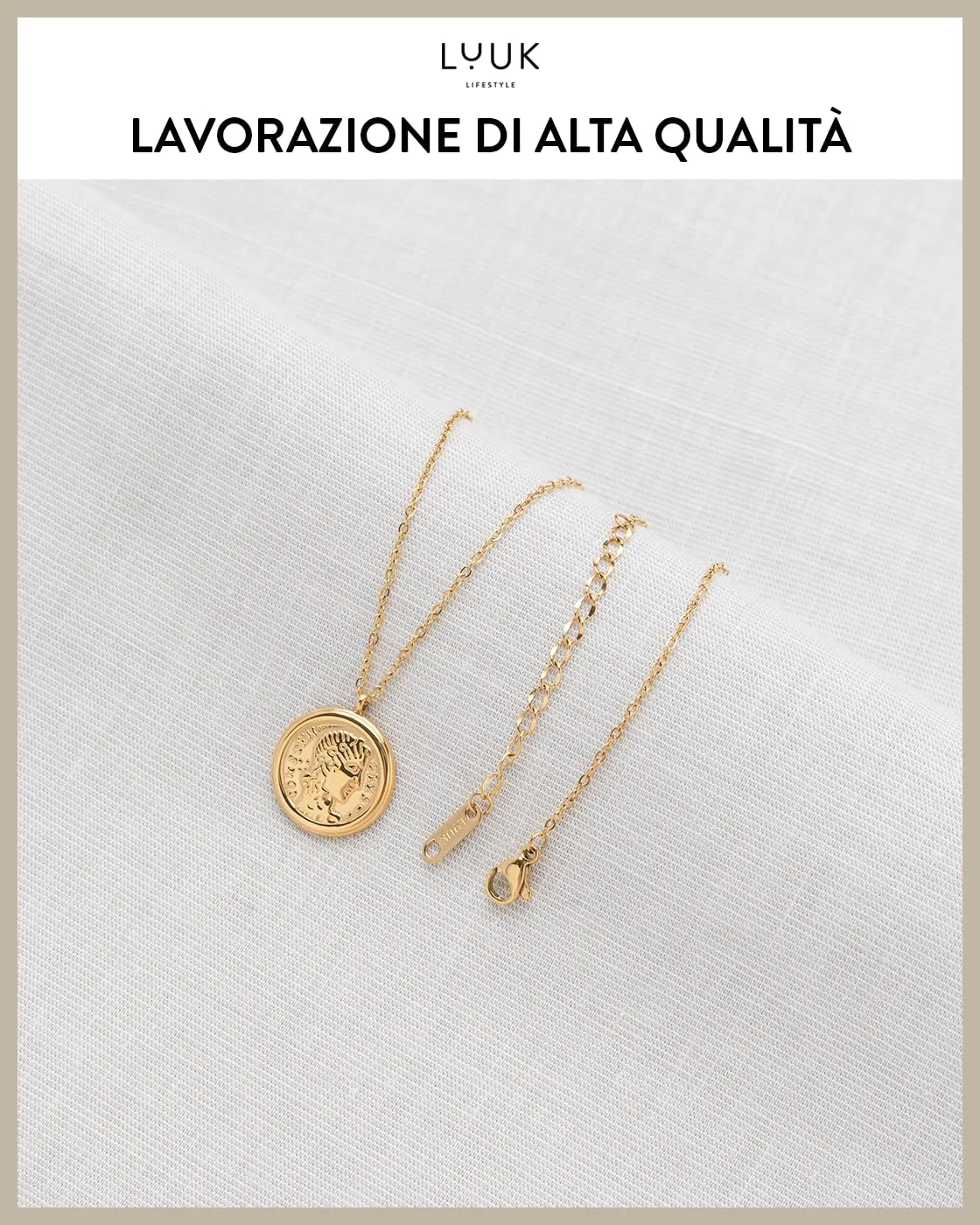 LUUK LIFESTYLE collana in acciaio inossidabile con ciondolo Cleopatra, adatto a pelli sensibili, idea regalo, lunghezza regolabile, oro - immagine 4