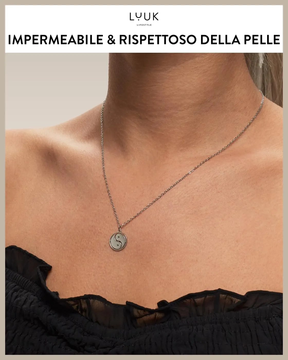 LUUK LIFESTYLE Collana da donna in acciaio inossidabile con ciondolo Yin Yang, simbolo cinese di armonia e connessione, 50 cm regolabili, argento - immagine 3