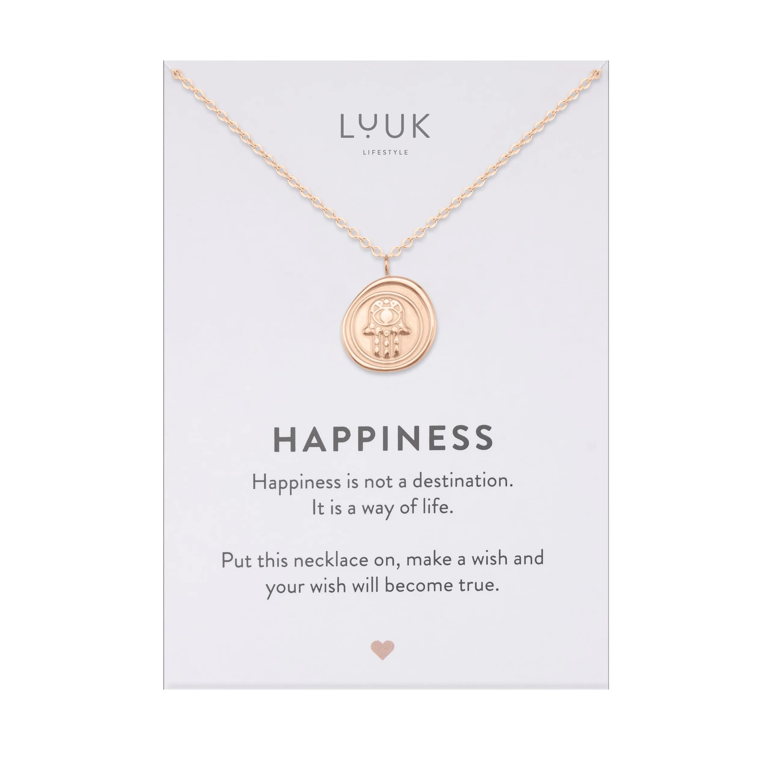 LUUK LIFESTYLE Collana da donna in acciaio inossidabile filigranato con ciondolo a forma di mano di Hamsa, dedica HAPPINESS, rosa - immagine 1