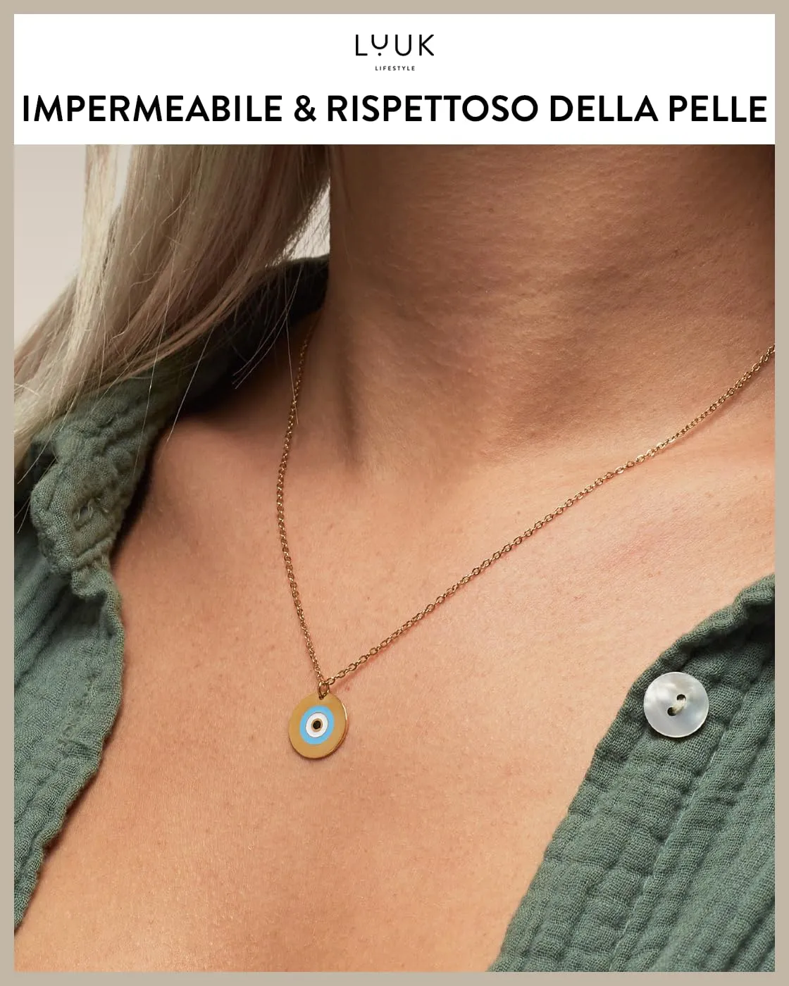LUUK LIFESTYLE Collana semplice con ciondolo occhio turco, portafortuna e simbolo orientale di prosperità e ricchezza, acciaio inossidabile, 50 cm, oro - immagine 3
