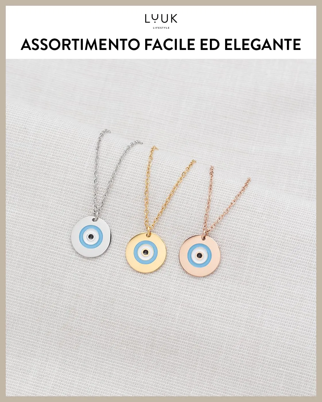 LUUK LIFESTYLE Collana semplice con ciondolo occhio turco, portafortuna e simbolo orientale di prosperità e ricchezza, acciaio inossidabile, 50 cm, oro - immagine 6