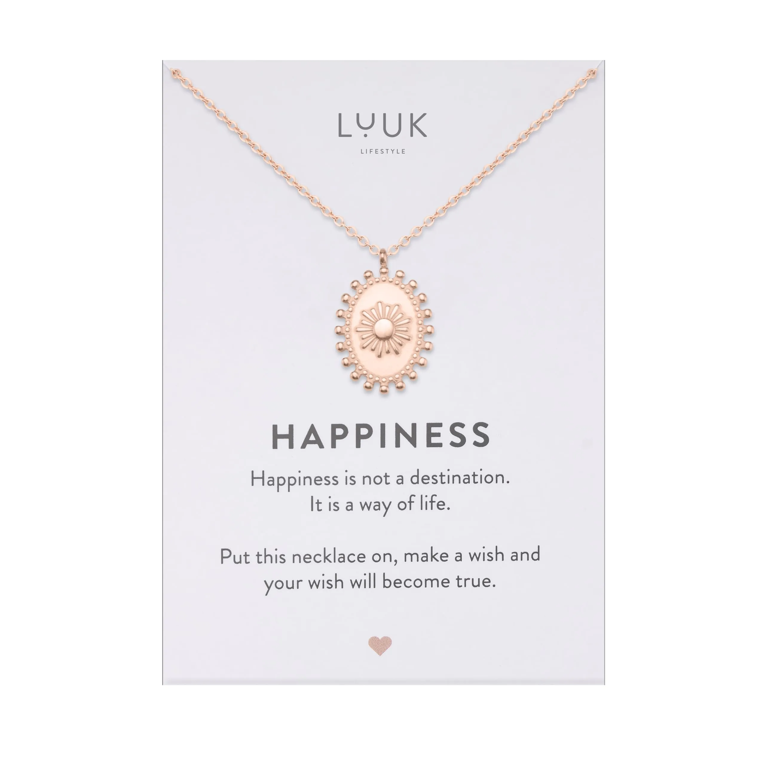 LUUK LIFESTYLE Collana minimal dal design antico e chic con ciondolo Boho Sun I Coin e biglietto con scritta HAPPINESS, portafortuna, oro rosa - immagine 1