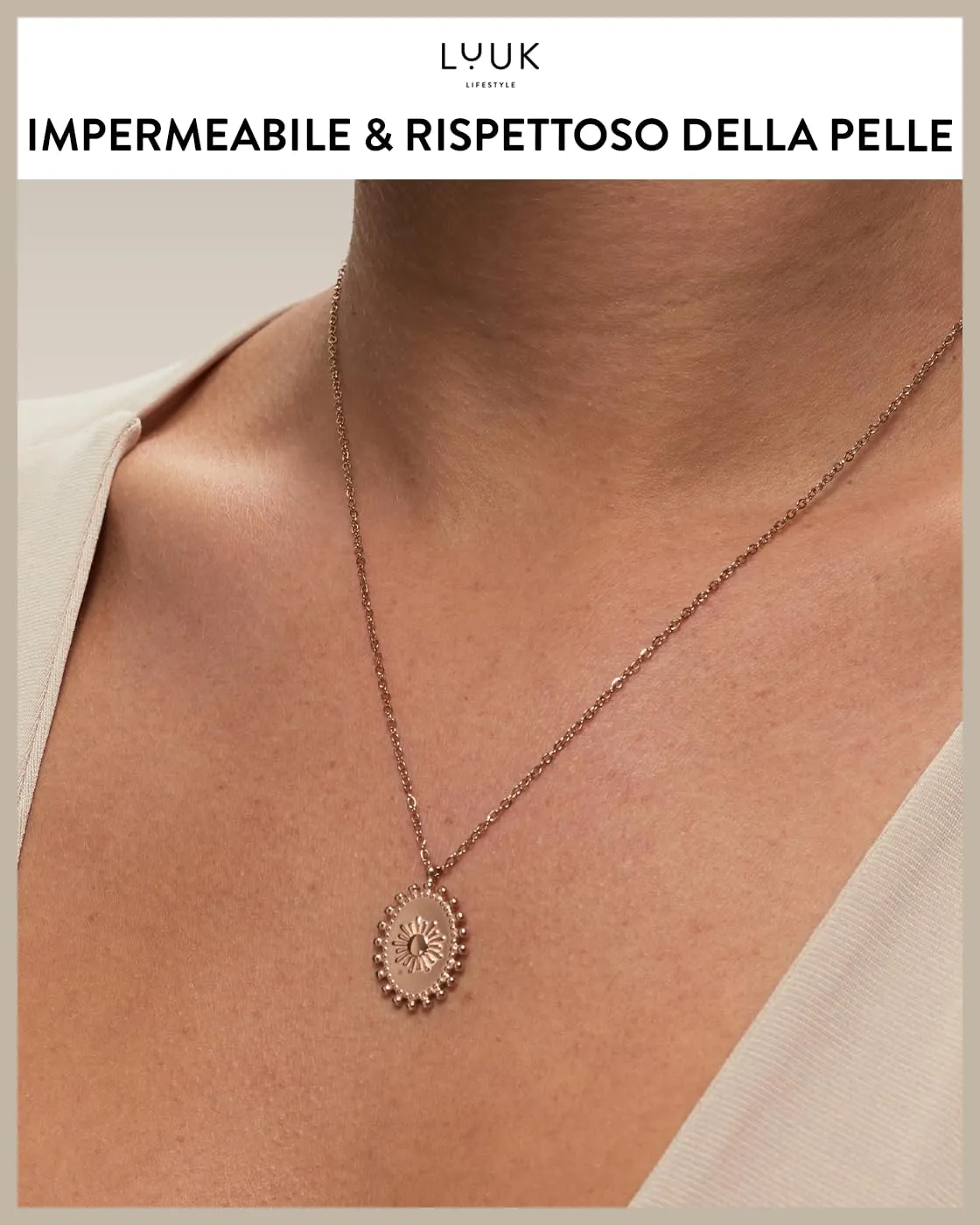 LUUK LIFESTYLE Collana minimal dal design antico e chic con ciondolo Boho Sun I Coin e biglietto con scritta HAPPINESS, portafortuna, oro rosa - immagine 3