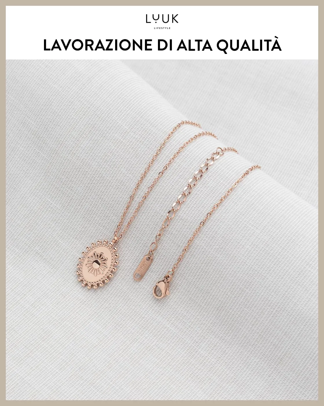 LUUK LIFESTYLE Collana minimal dal design antico e chic con ciondolo Boho Sun I Coin e biglietto con scritta HAPPINESS, portafortuna, oro rosa - immagine 4