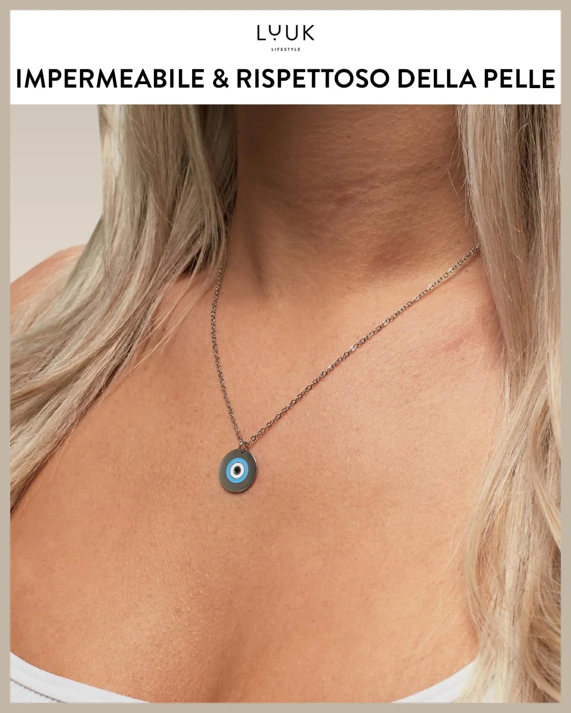 LUUK LIFESTYLE collana portafortuna con ciondolo a forma di occhio turco/greco e dedica HAPPINESS, stile boho, lunghezza regolabile, 50 cm, argento - immagine 3