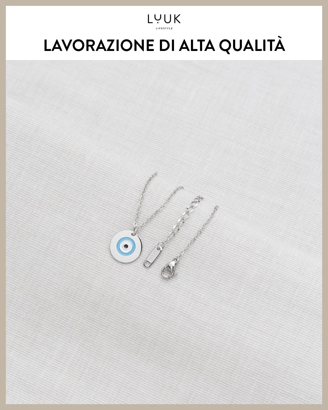 LUUK LIFESTYLE collana portafortuna con ciondolo a forma di occhio turco/greco e dedica HAPPINESS, stile boho, lunghezza regolabile, 50 cm, argento - immagine 4