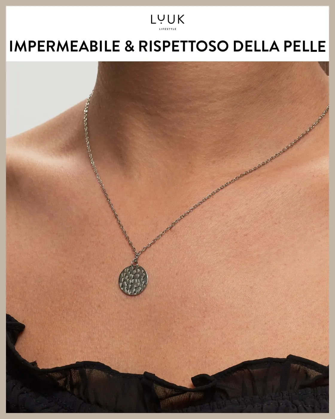 LUUK LIFESTYLE Collana in acciaio inossidabile con ciondolo a forma di moneta martellata, gioiello femminile, adatto a pelli sensibili, argento - immagine 3