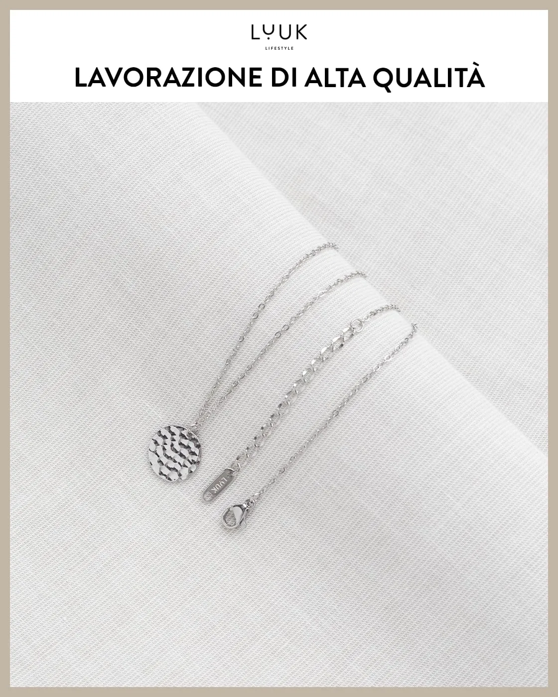 LUUK LIFESTYLE Collana in acciaio inossidabile con ciondolo a forma di moneta martellata, gioiello femminile, adatto a pelli sensibili, argento - immagine 4