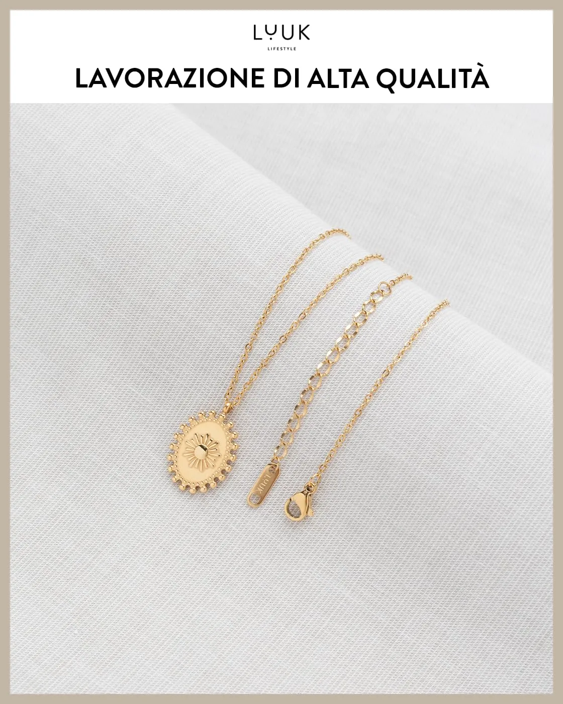 LUUK LIFESTYLE Collana femminile con placca solare I Sun Pendant, gioielli di moda discreti e contemporanei per lei, 50cm, oro - immagine 4