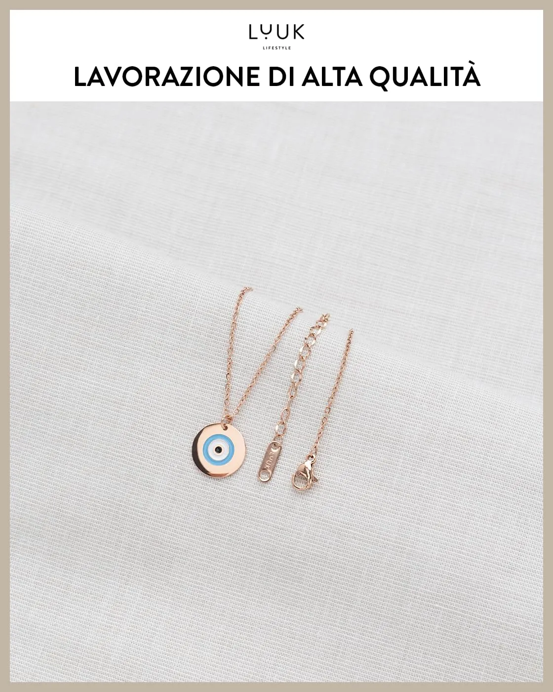 LUUK LIFESTYLE Collana femminile con ciondolo anti-malocchio e dedica con scritta HAPPINESS, simbolo di protezione, lunghezza 50 cm, rosa - immagine 4