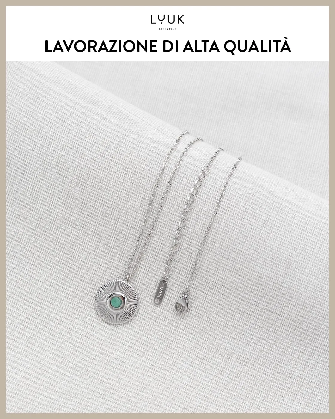 LUUK LIFESTYLE Collana da donna con dedica HAPPINESS e ciondolo a forma di conchiglia con strass color smeraldo, impermeabile, 50 cm, argento - immagine 4
