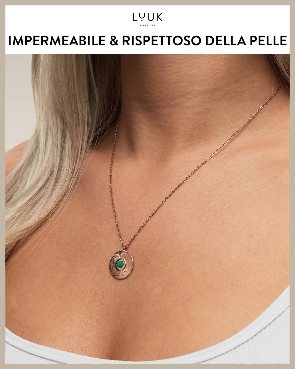 LUUK LIFESTYLE Collana con ciondolo a piatto rotondo e pietra verde, chic e formale, lunghezza regolabile, 50 cm, oro rosa - immagine 3