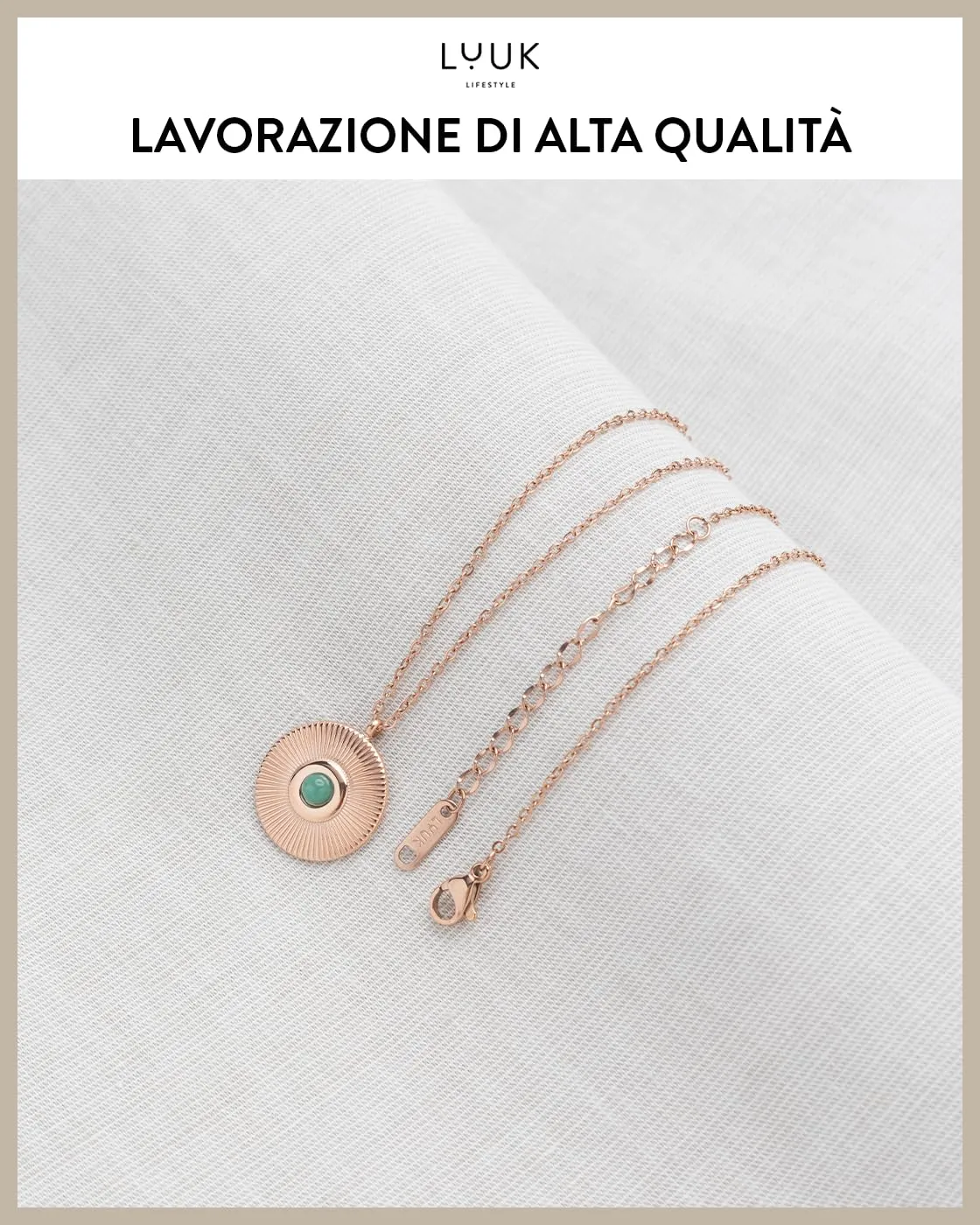 LUUK LIFESTYLE Collana con ciondolo a piatto rotondo e pietra verde, chic e formale, lunghezza regolabile, 50 cm, oro rosa - immagine 4