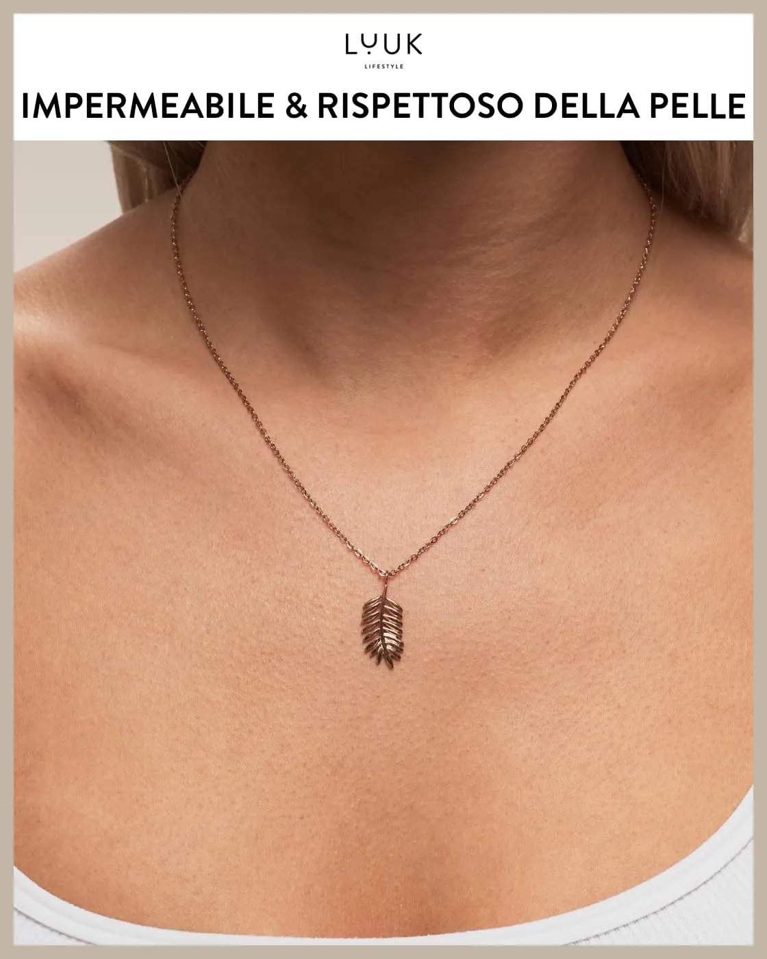 LUUK LIFESTYLE Accessorio alla moda con ciondolo a forma di ramo di palma o di ulivo, gioiello minimalista dal design boho, oro rosa - immagine 3