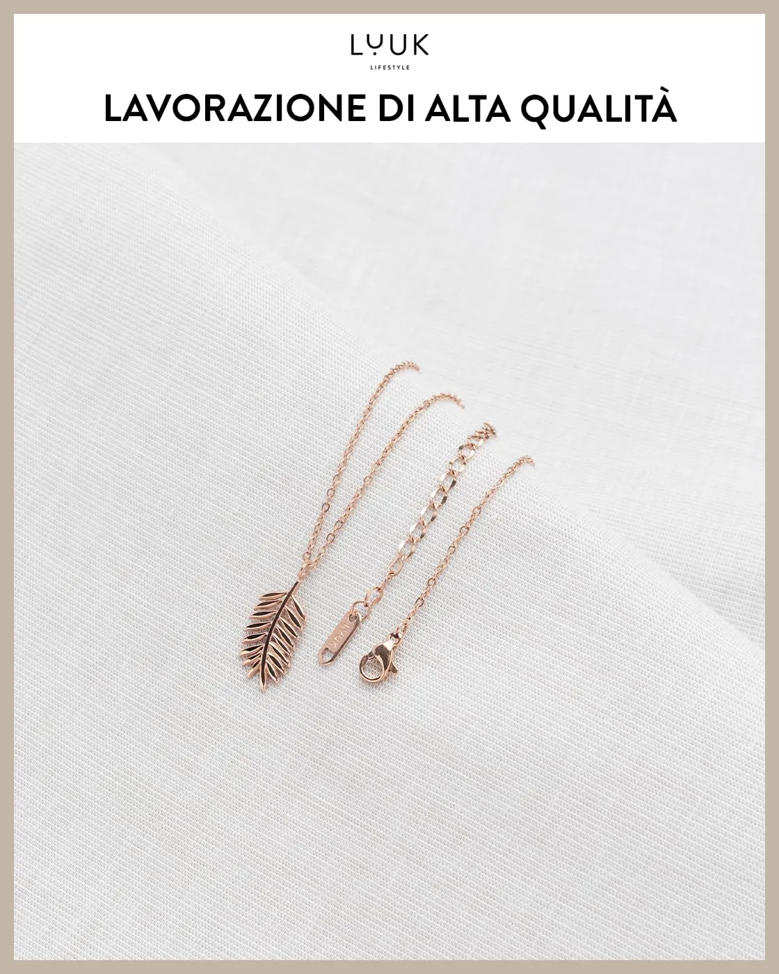 LUUK LIFESTYLE Accessorio alla moda con ciondolo a forma di ramo di palma o di ulivo, gioiello minimalista dal design boho, oro rosa - immagine 4