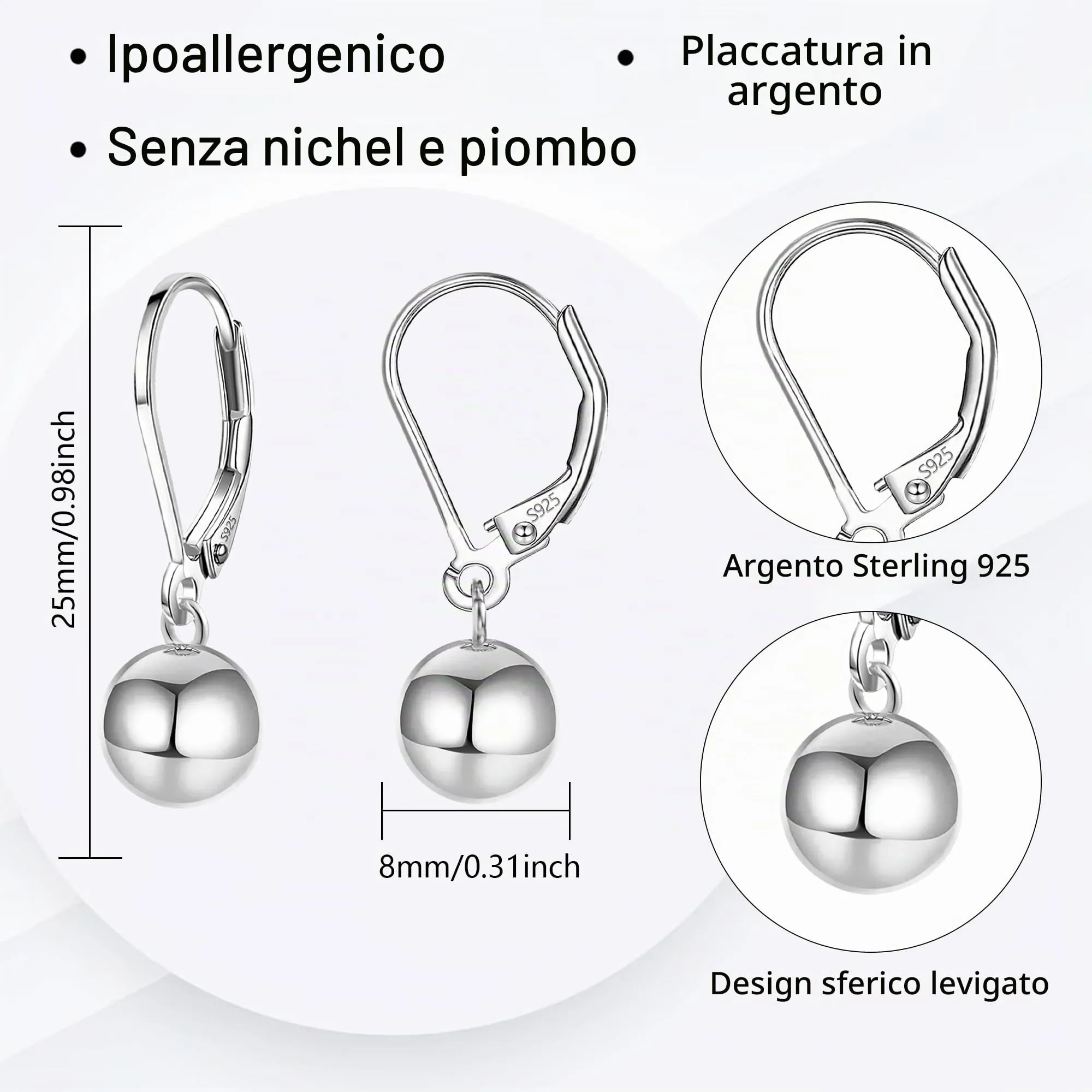 ASH'S CHOICE Orecchini Pendenti Donna Argento Lucido Sfera Leverback - immagine 4