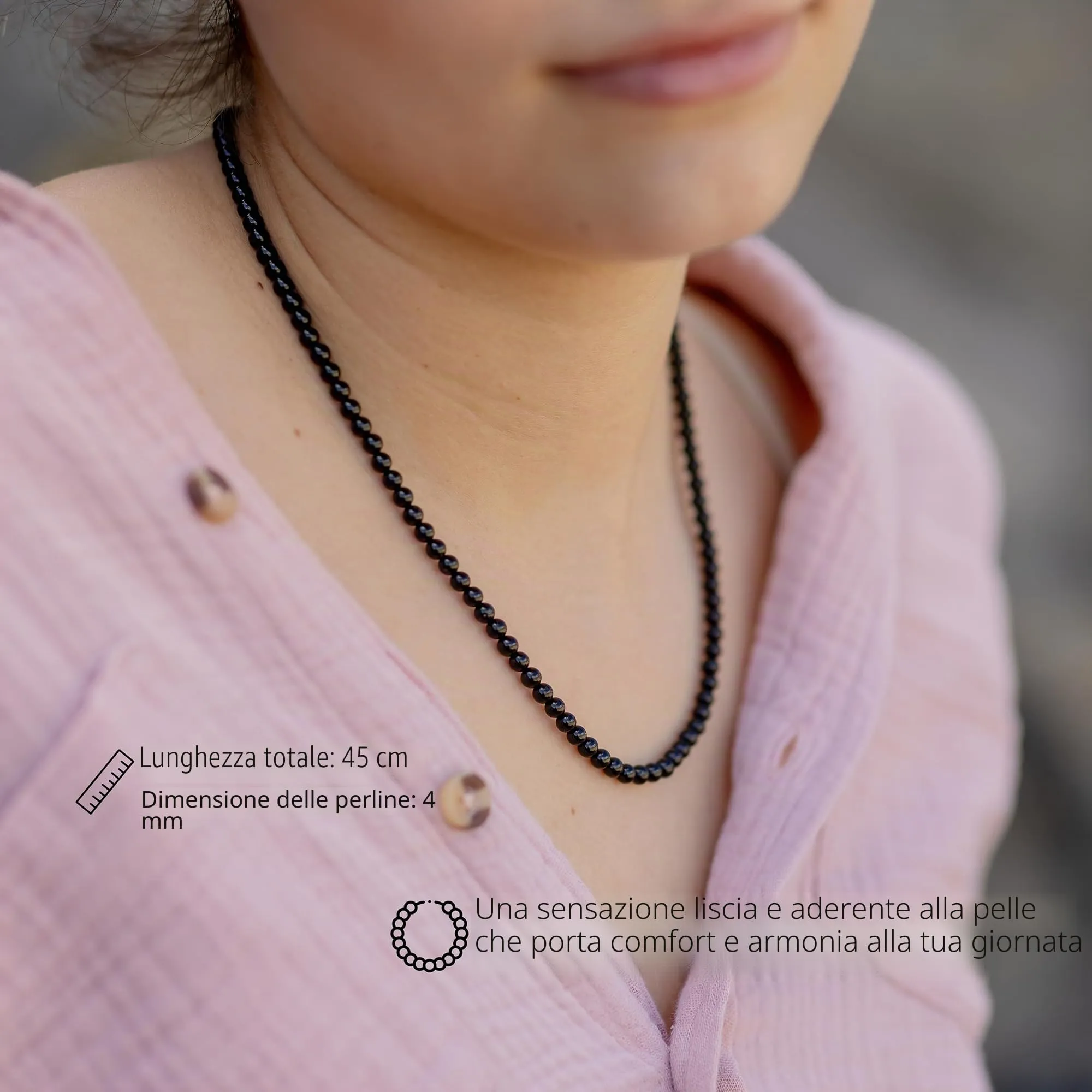 Collana con perline in pietra preziosa + chiusura in argento 925 (Onice) - immagine 2