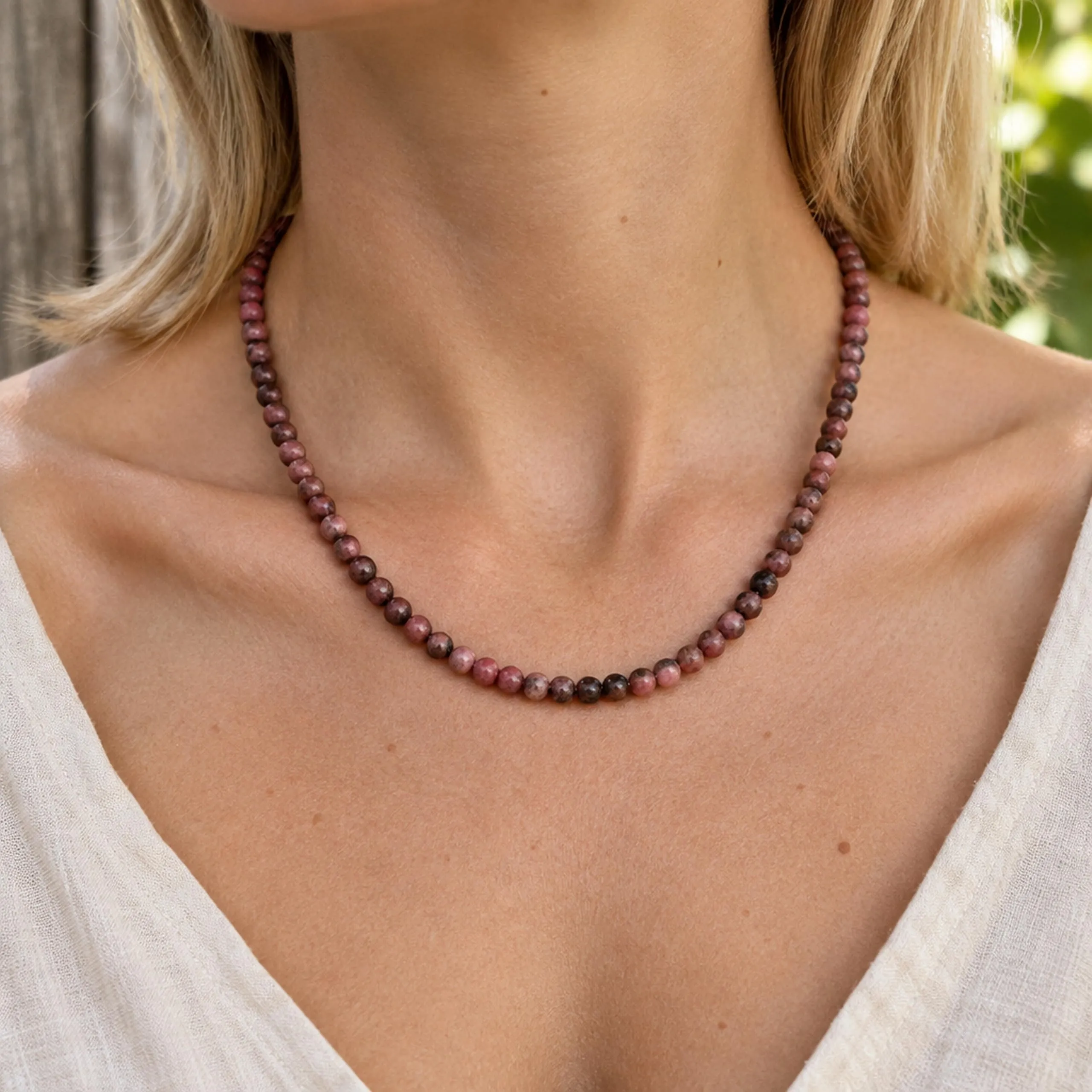 Collana con perline in pietra preziosa + chiusura in argento 925 (Rodonite) - immagine 2