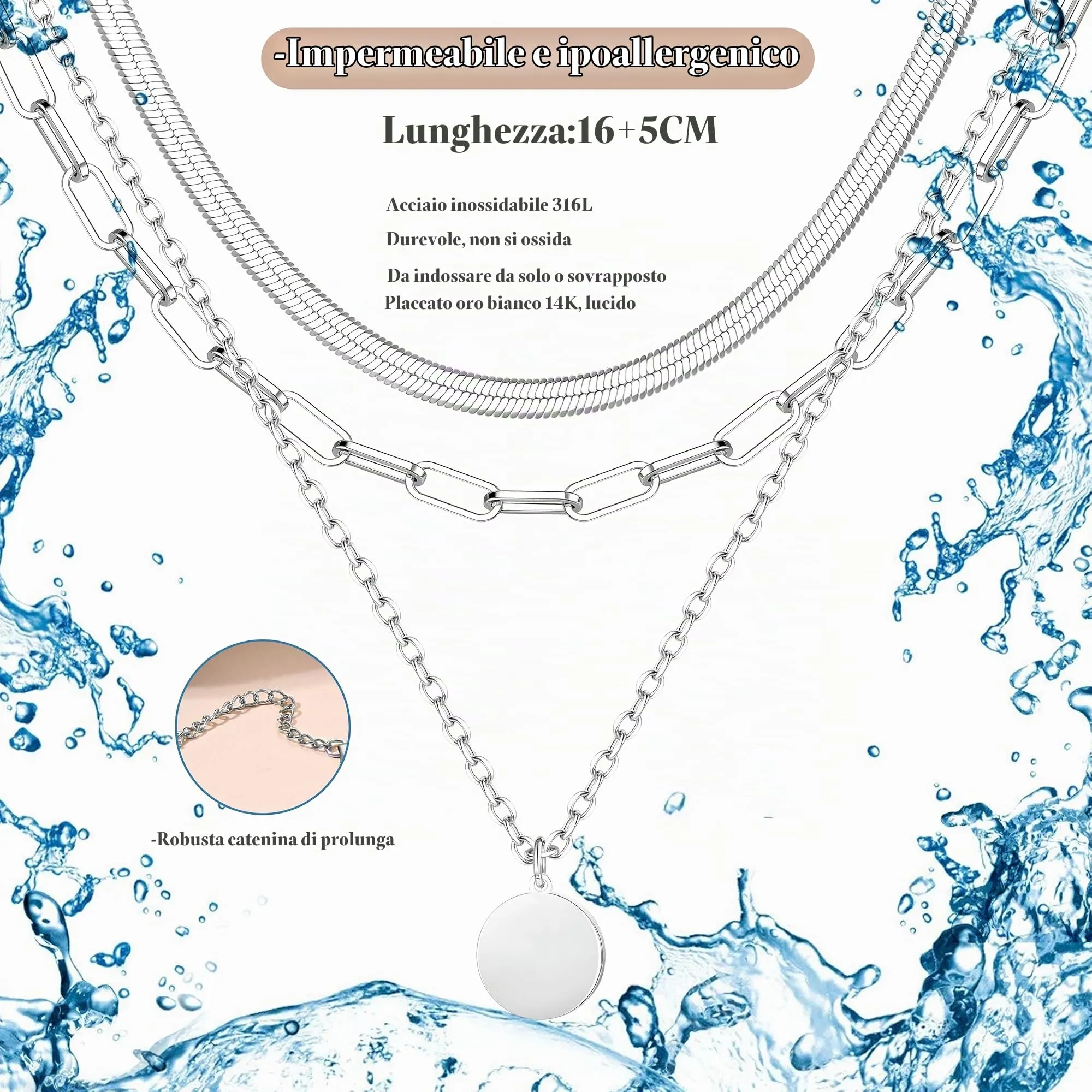 ADRAMATA Collana Donna in Acciaio Inossidabile, Set Girocollo Placcato Oro 14K Impilabile con Pendenti Regolabili Croce/Moneta/Cuore, Catena Argento - immagine 2