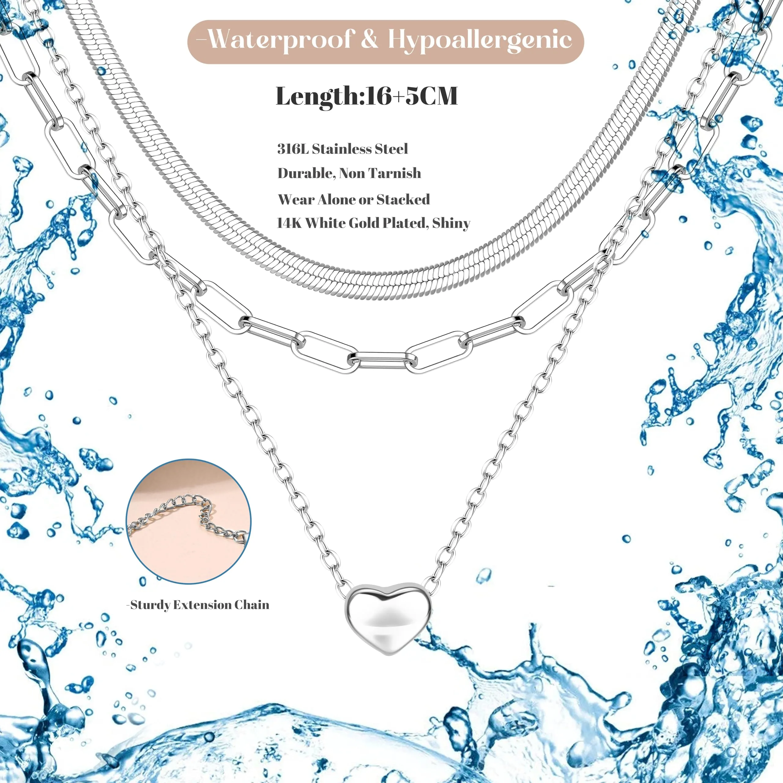Adramata 3Pcs Collana Donna Acciaio Inossidabile Set Girocollo Pendenti - immagine 2