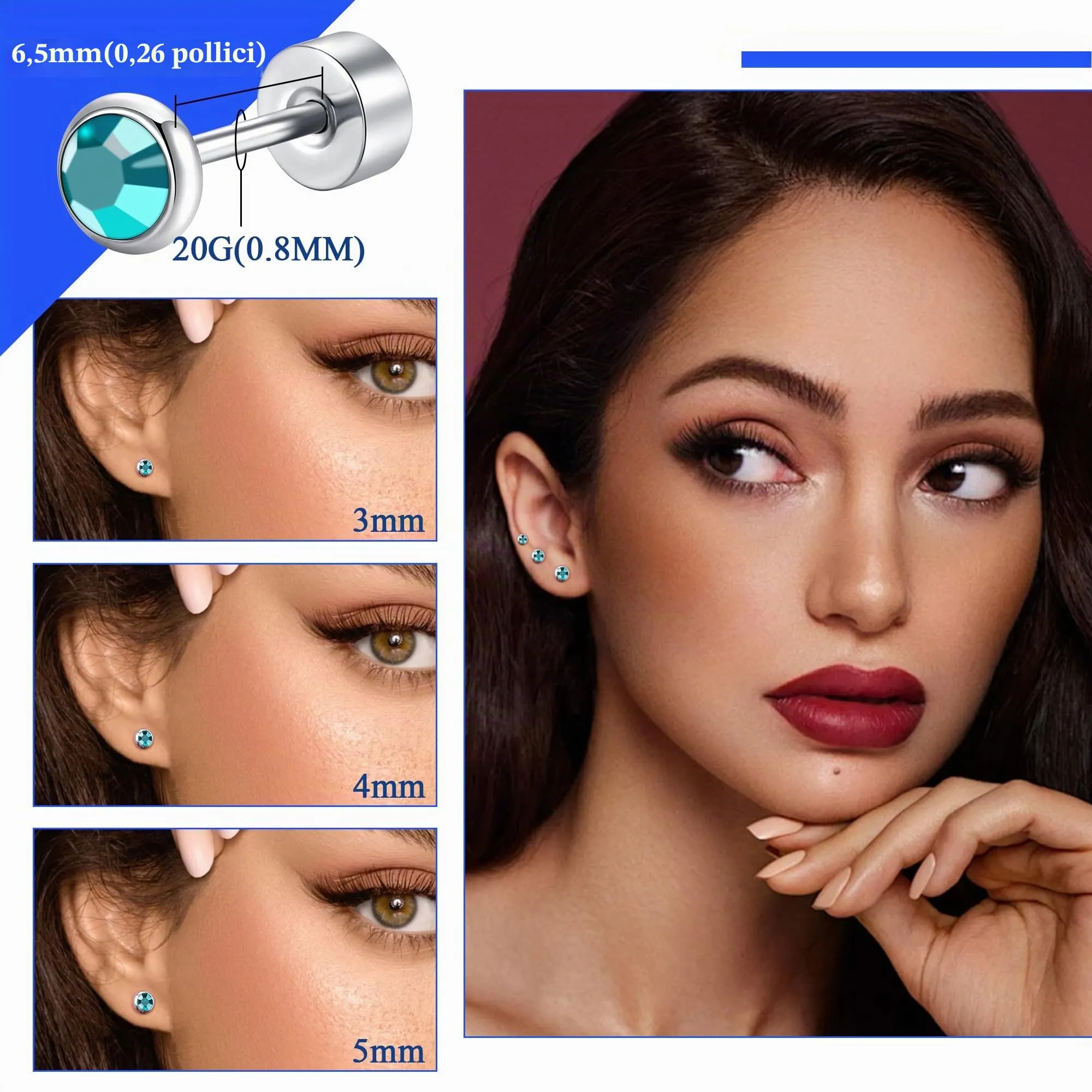 Artskin Orecchini in Titanio Ipoallergenici con Cristallo 3mm/4mm/5mm - immagine 2