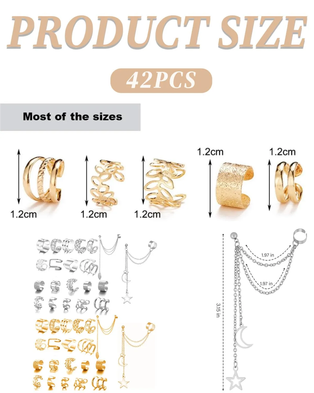 TOZBLEU 64 PCS Ear Cuff Orecchini Set Orecchini Senza Buco Non Piercing Cartilagine Catena Polsino Orecchini Ear Clip per Donne Regolabile Farfalla Wrap Orecchini Clip Finta Earcuffs Ipoallergenici - immagine 2