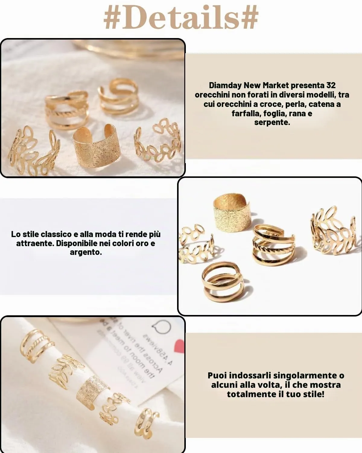 TOZBLEU 64 PCS Ear Cuff Orecchini Set Orecchini Senza Buco Non Piercing Cartilagine Catena Polsino Orecchini Ear Clip per Donne Regolabile Farfalla Wrap Orecchini Clip Finta Earcuffs Ipoallergenici - immagine 3