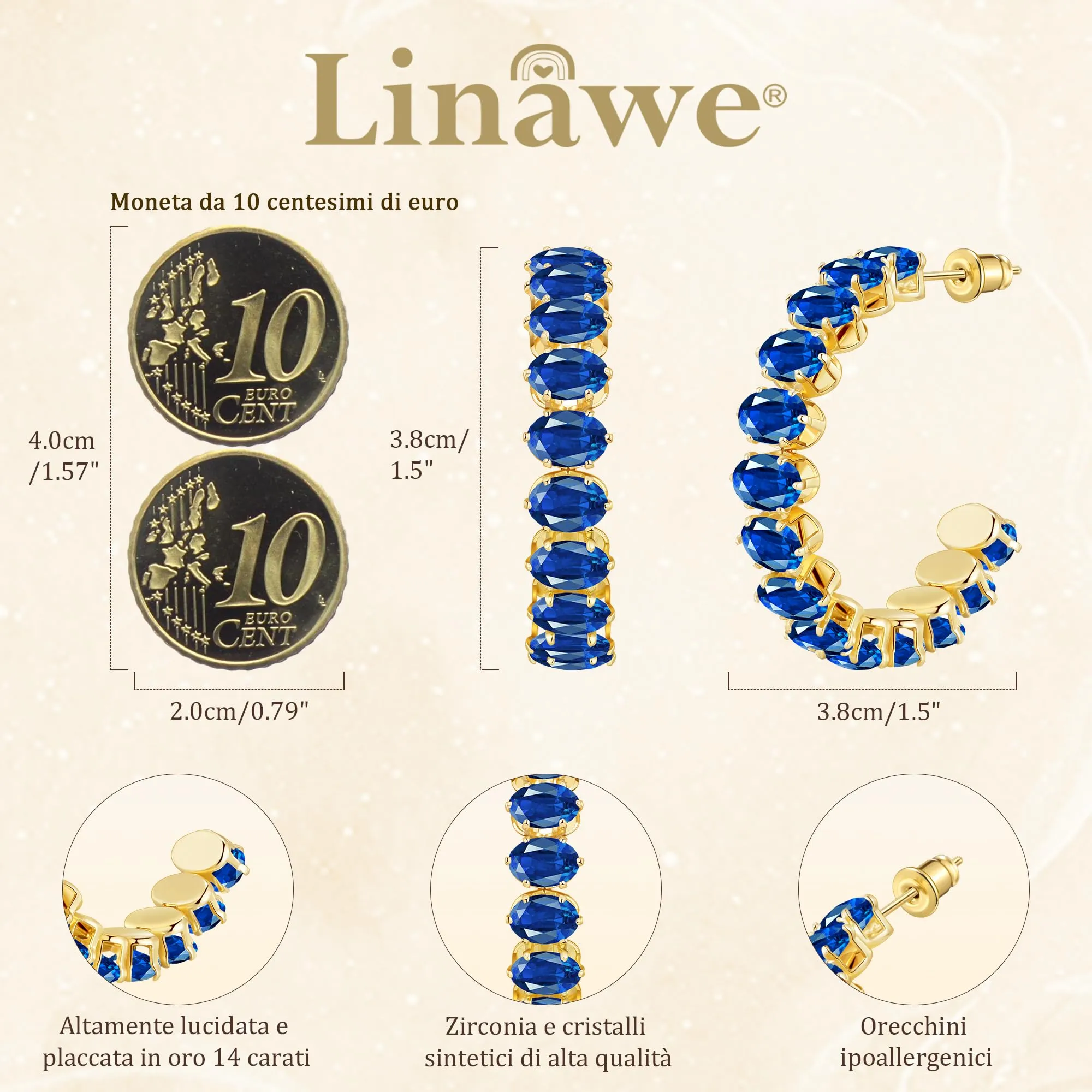 Linawe Orecchini pendenti in oro blu zaffiro, grandi orecchini da donna in acciaio inossidabile, orecchini di tendenza, gioielli alla moda placcati in oro, orecchini con pietra - immagine 4