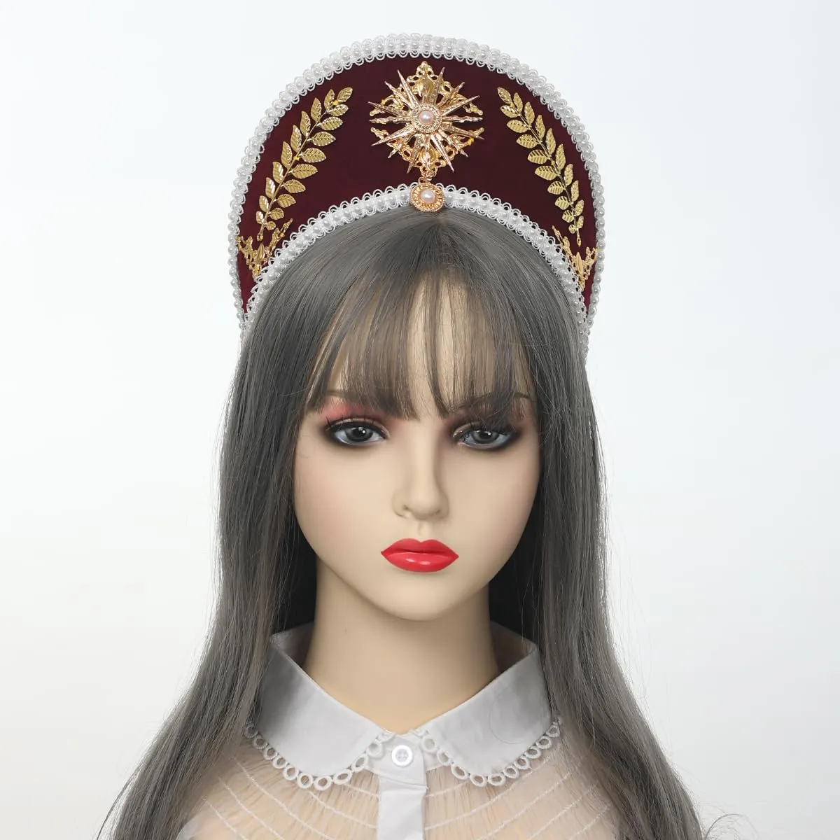 GRACEART Anne Boleyn Cappello Copricapo elisabettiano Copricapo Tudor Coronet Cappuccio Stile 4 (Vino Rosso) - immagine 2