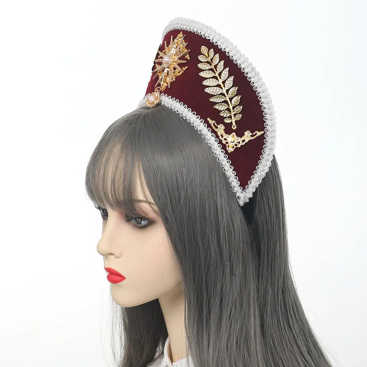 GRACEART Anne Boleyn Cappello Copricapo elisabettiano Copricapo Tudor Coronet Cappuccio Stile 4 (Vino Rosso) - immagine 3