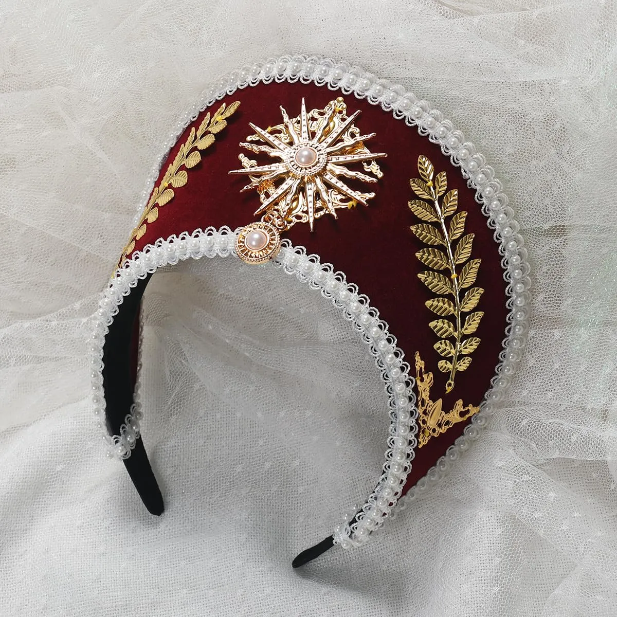GRACEART Anne Boleyn Cappello Copricapo elisabettiano Copricapo Tudor Coronet Cappuccio Stile 4 (Vino Rosso) - immagine 5