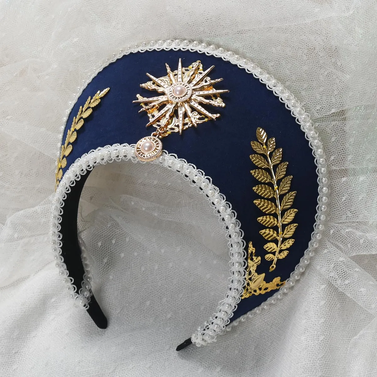 GRACEART Anne Boleyn Hat Copricapo elisabettiano Tudor Coronet Hood Hat Style-4 (blu scuro) - immagine 2