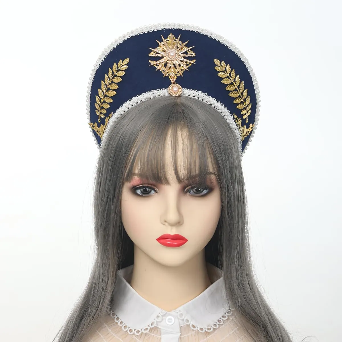 GRACEART Anne Boleyn Hat Copricapo elisabettiano Tudor Coronet Hood Hat Style-4 (blu scuro) - immagine 3