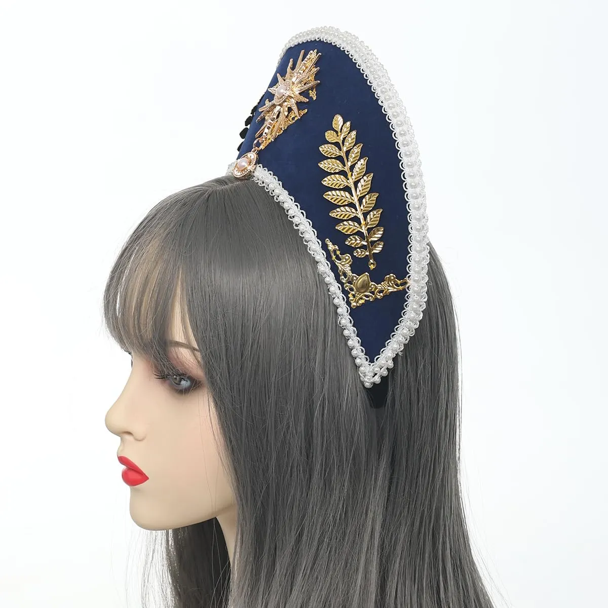 GRACEART Anne Boleyn Hat Copricapo elisabettiano Tudor Coronet Hood Hat Style-4 (blu scuro) - immagine 4