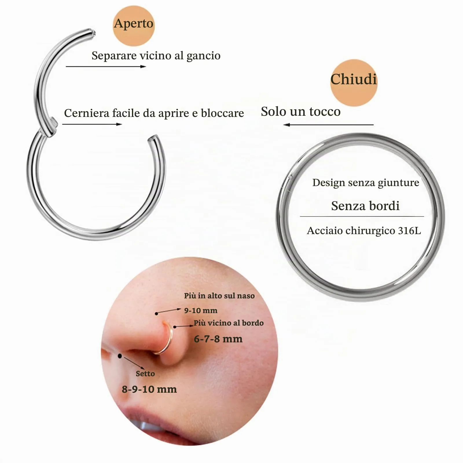 DAILI Anello per naso in oro e argento, sottile, orecchini in titanio per donna e uomo, piercing per naso ad anello, 18G, setto, tragus, conch, helix, piercing ipoallergenico, orecchini per naso in - immagine 5