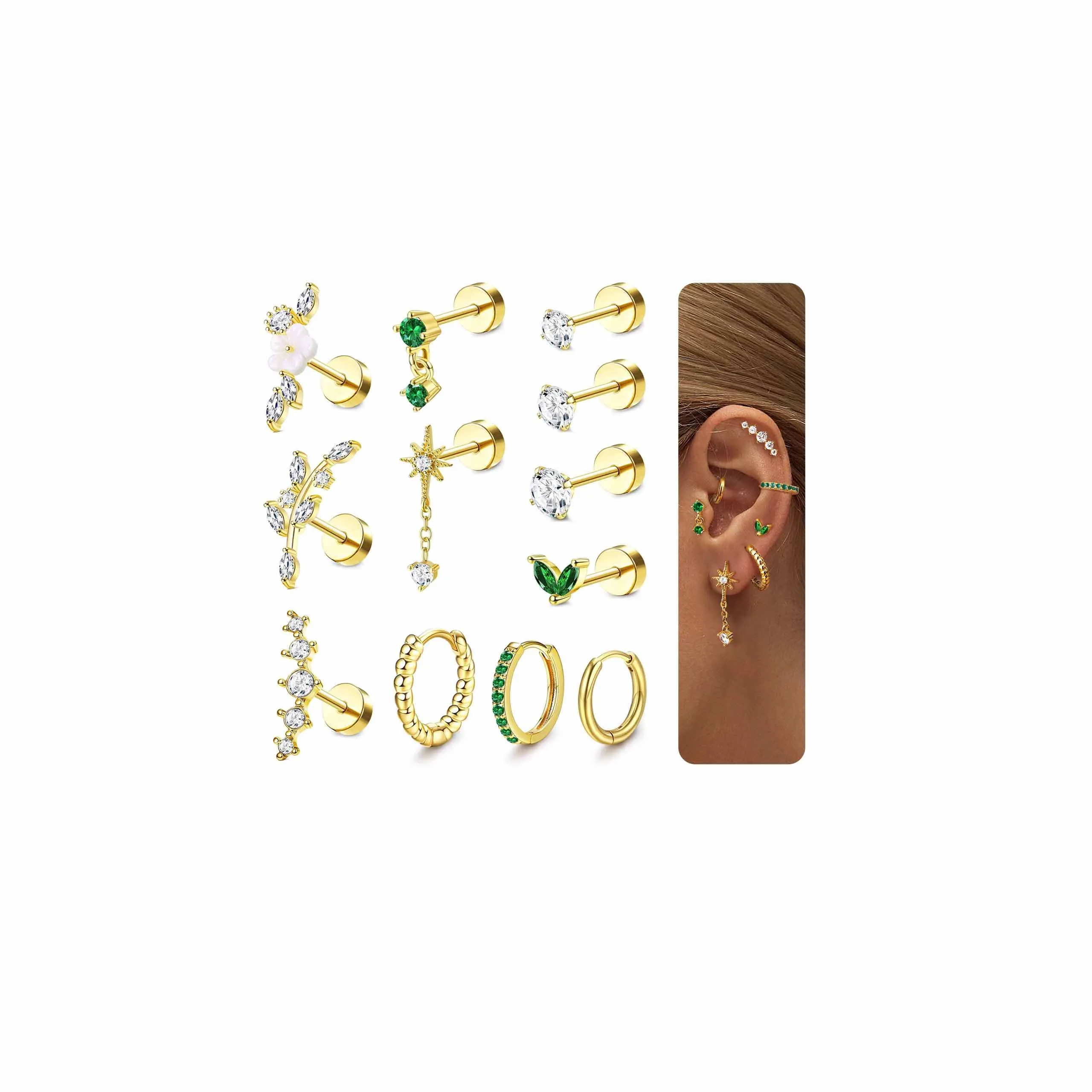 Adramata 12Pcs 16G Piercing Orecchio Acciaio Inossidabile Set Donna - immagine 1
