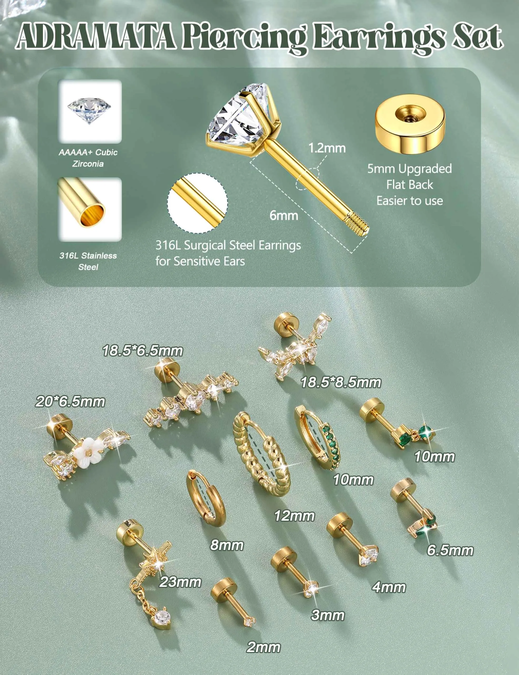 Adramata 12Pcs 16G Piercing Orecchio Acciaio Inossidabile Set Donna - immagine 3
