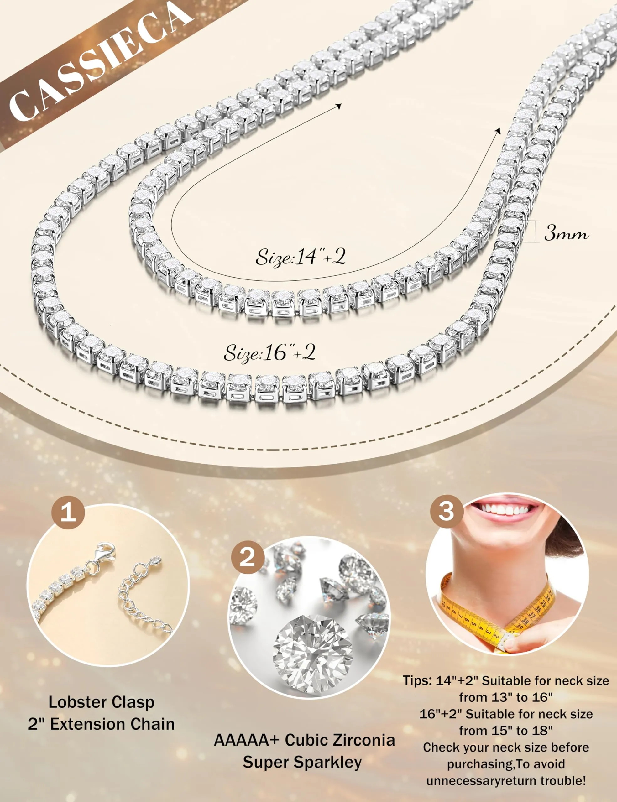 CASSIECA Zircone Collana Donna Placcato Argento 925 Tennis Cadena - immagine 2