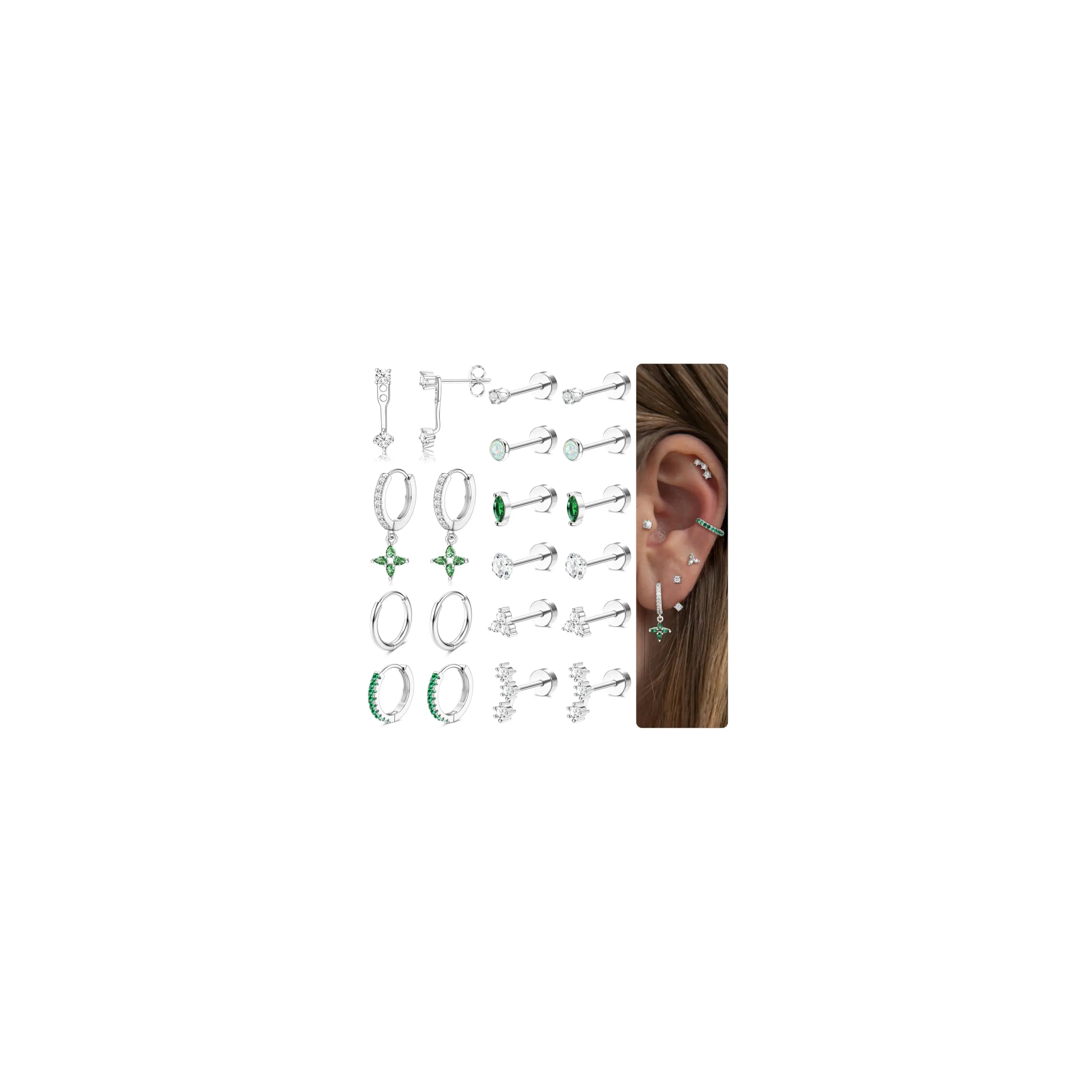 Roheafer 10 Paia Orecchini Donna Acciaio Inossidabile, Set Orecchini a Lobo Piatto & Cerchietti per Piercing Multipli (Cartilagine/Helix/Trago) - immagine 1
