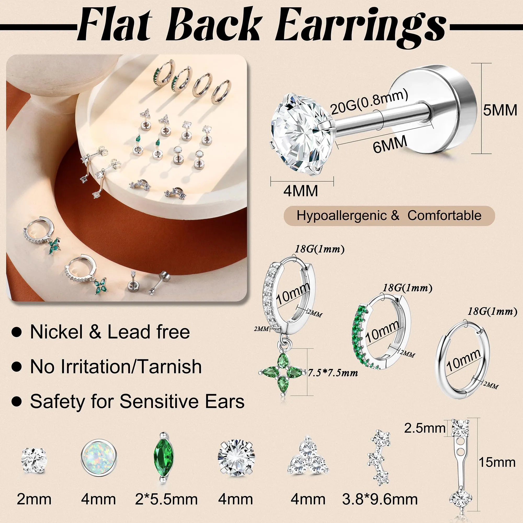 Roheafer 10 Paia Orecchini Donna Acciaio Inossidabile, Set Orecchini a Lobo Piatto & Cerchietti per Piercing Multipli (Cartilagine/Helix/Trago) - immagine 2